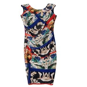 Joseph Ribkoff Tropical Mesh Sheath Dress Womens 8 Abstract Ruched Colorful
